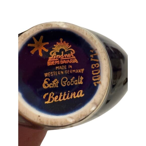 Vintage 1950s Bavarian Cobalt Blue Porcelain Vase Set with Gold Floral Trim - Picture 4 of 7